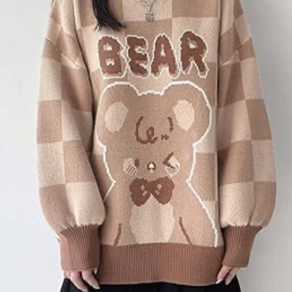Harajuku Bear Oversize Knit Tan/Beige long puff sleeve Sweater‎ Size M - Picture 7 of 8